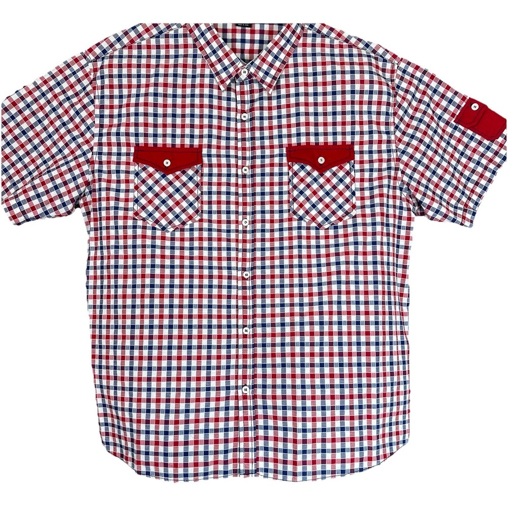 Vese XXL Men's Short Sleeve Shirt Red White Blue Plaid Pattern Pockets Western